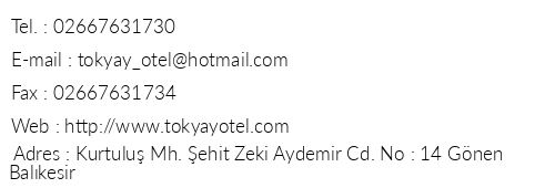 Tokyay Hotel telefon numaralar, faks, e-mail, posta adresi ve iletiim bilgileri